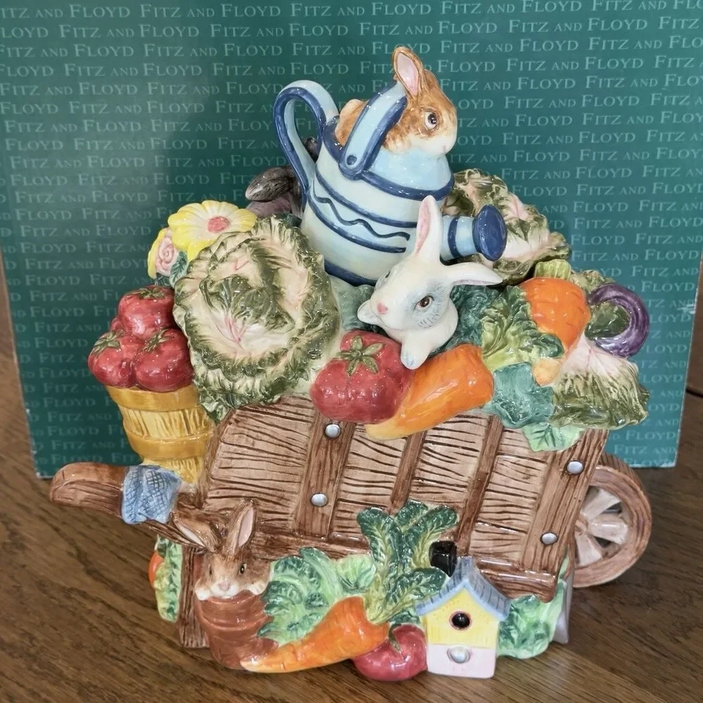 Fitz and Floyd English Garden Bunnies Wheelbarrow Cookie Jar Spring Vintage 1996